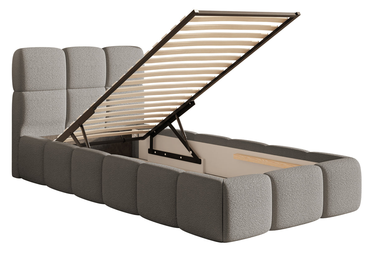 Lit tapissé 90x200 cm Cloudy avec rangement, cadre métallique, bouclé gris