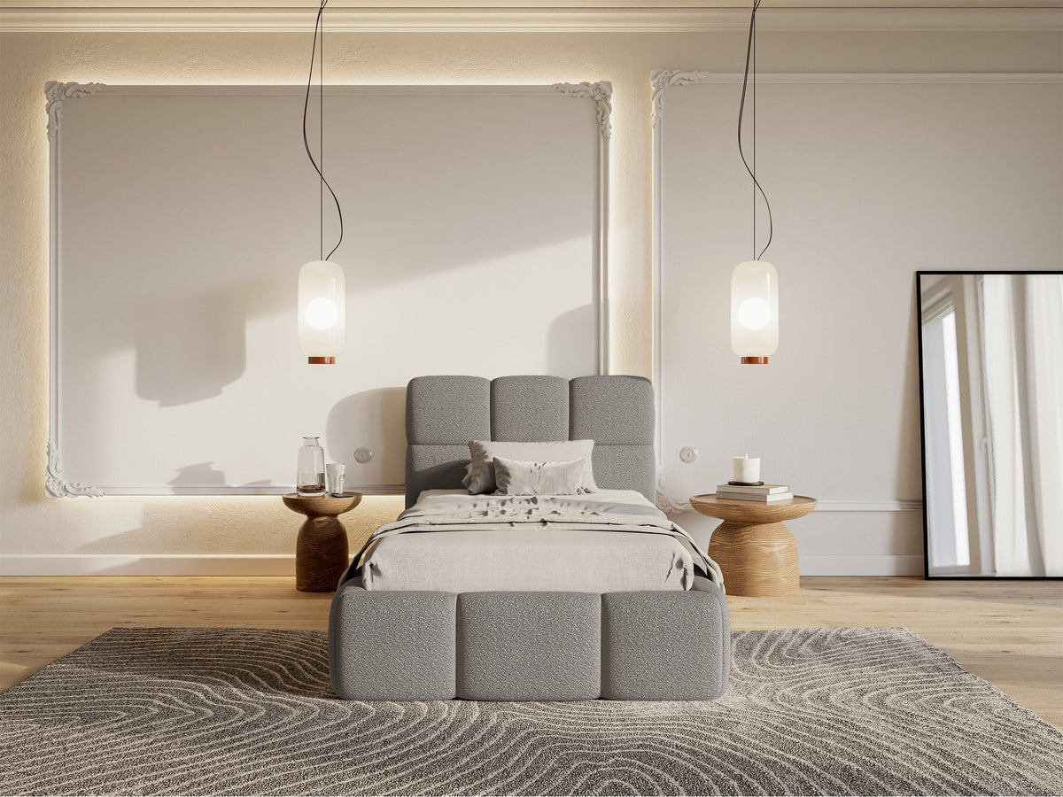 Lit tapissé 90x200 cm Cloudy avec rangement, cadre métallique, bouclé gris