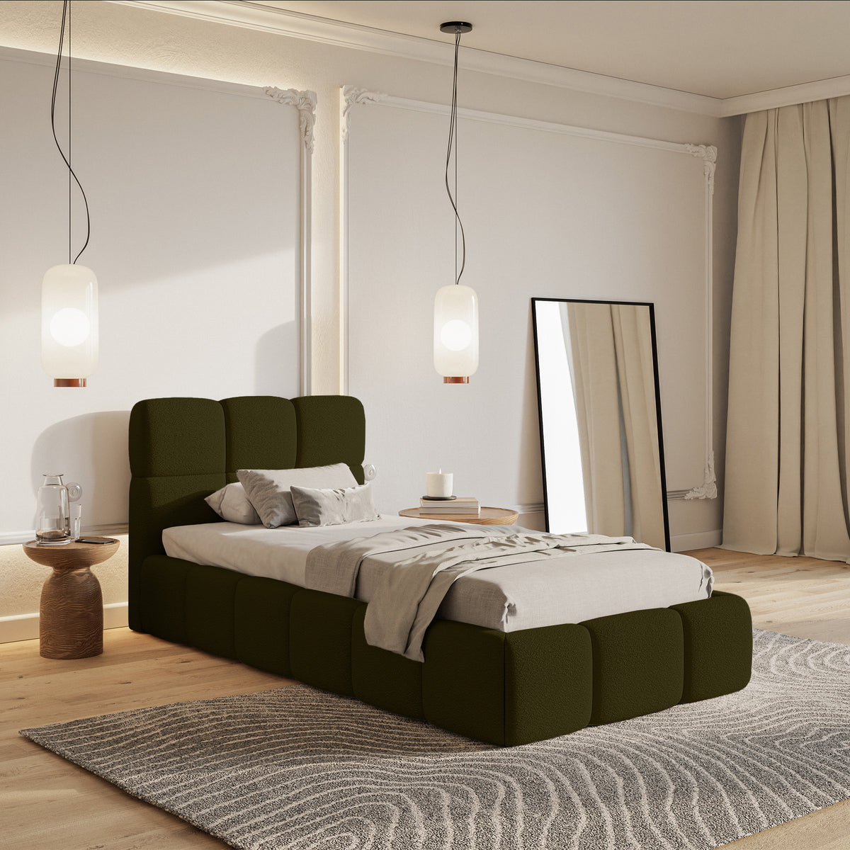 Lit tapissé 90x200 cm Cloudy avec rangement, cadre métallique, bouclé olive