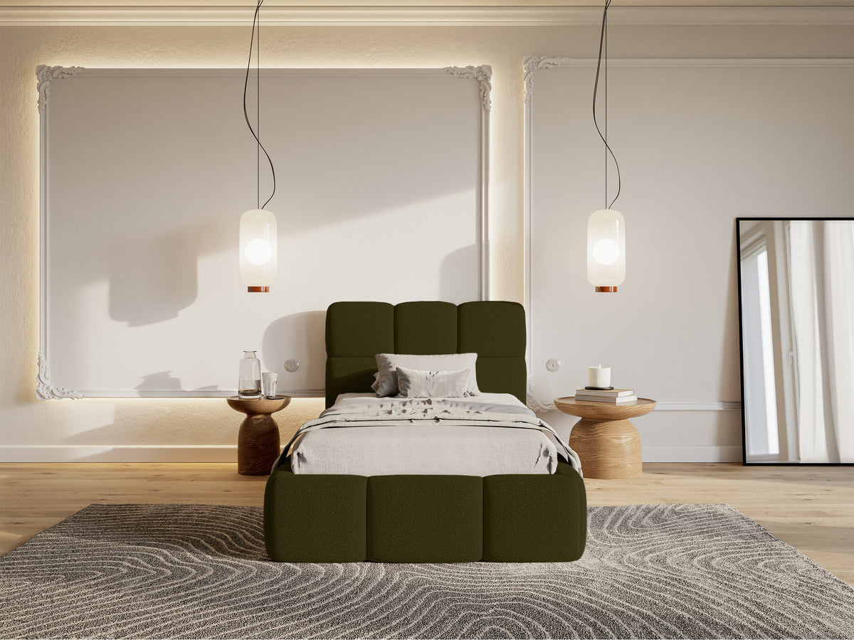 Gepolstertes Bett 90x200 cm Cloudy mit Stauraum, Metallrahmen, olivfarbenes Bouclé