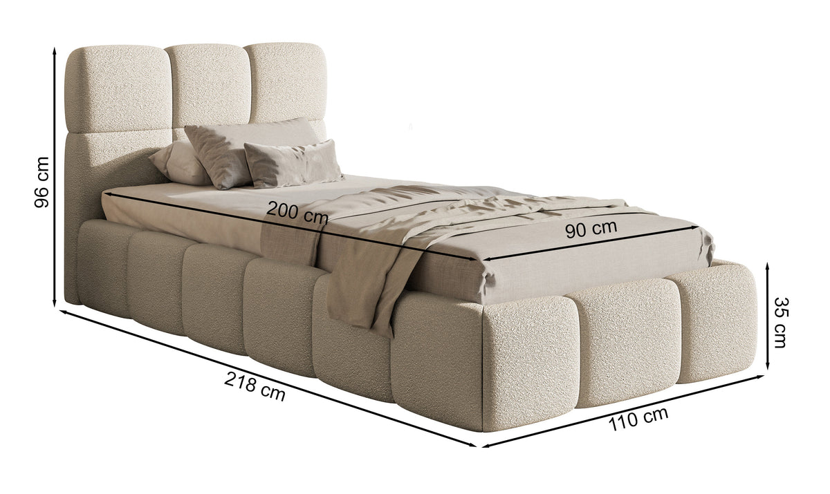 Gepolstertes Bett 90x200 cm Cloudy mit Stauraum, Metallrahmen, braunes Bouclé
