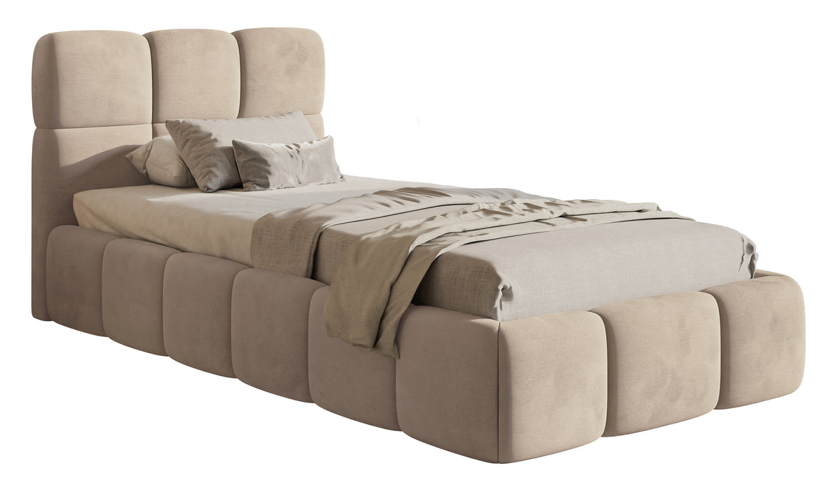 Polsterbett 90x200 cm Cloudy mit Stauraum, Metallrahmen, beige Velours, wasserabweisend und leicht zu reinigen