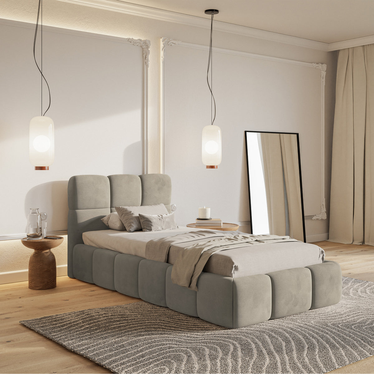 Gepolstertes Bett 90x200 cm Cloudy in grau-beige, wasserabweisender, leicht zu reinigender Samtstoff