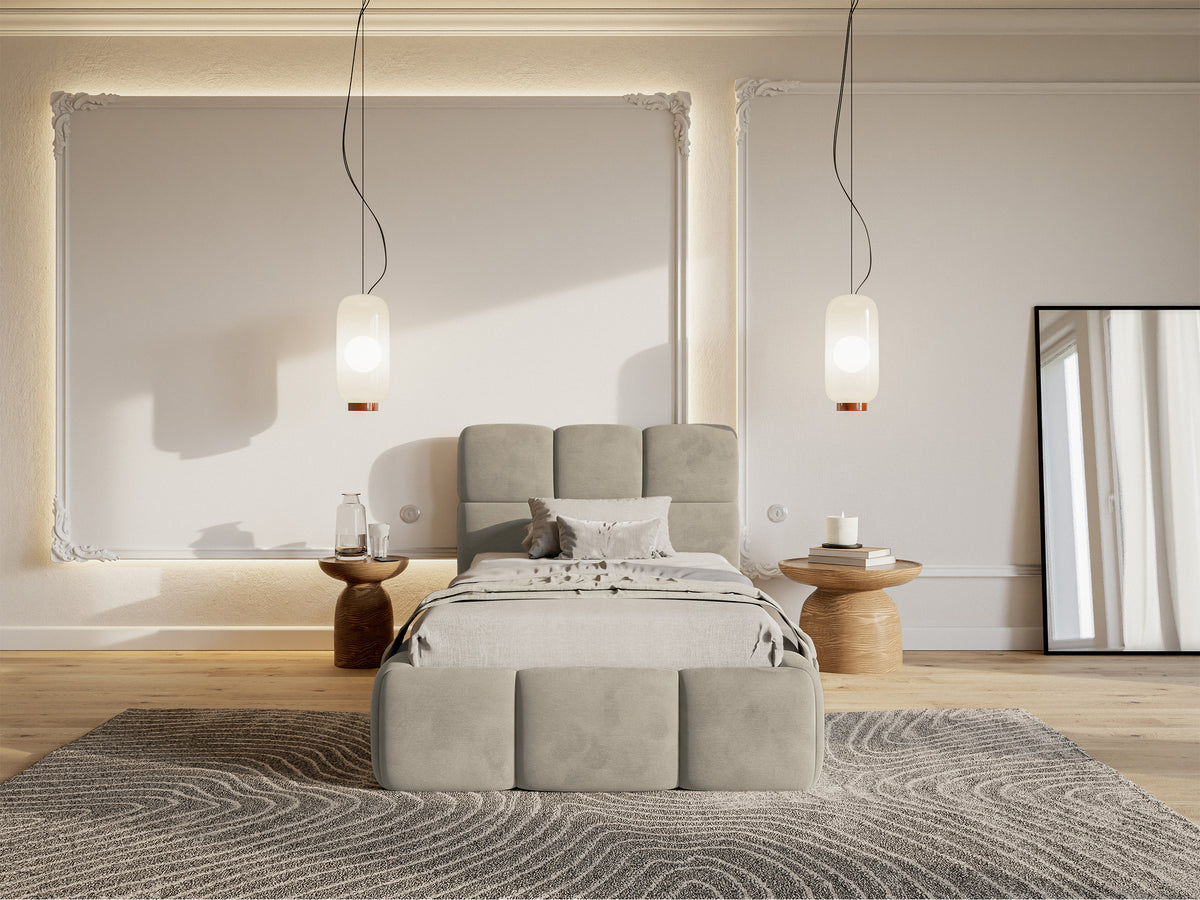 Polsterbett 90x200 cm Cloudy mit Stauraum, Metallrahmen, grau-beiges Velours, wasserabweisend und pflegeleicht