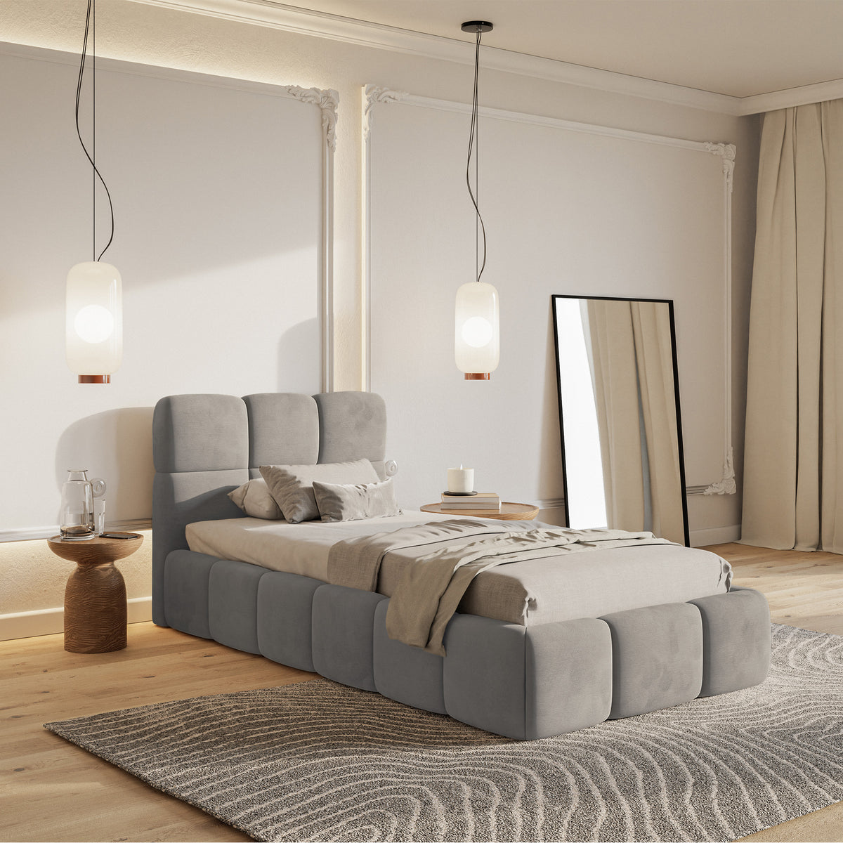 Gepolstertes Bett 90x200 cm Cloudy mit Stauraum, Metallrahmen, hellgrauer Velours, wasserabweisend und pflegeleicht