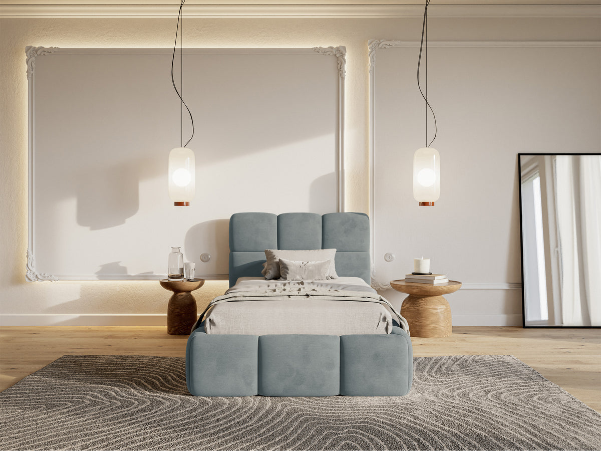 Lit tapissé 90x200 cm Cloudy velours gris hydrofuge et facile à nettoyer
