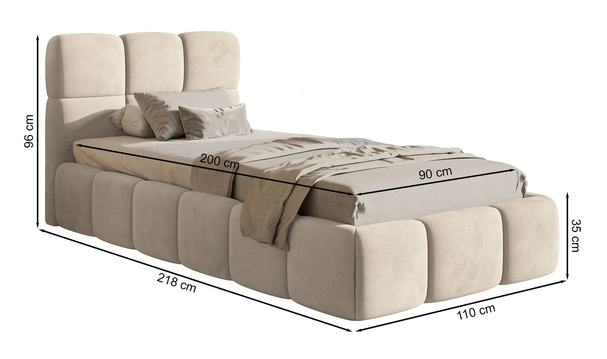 Gepolstertes Bett 90x200 cm Cloudy mit Stauraum, Metallrahmen, hellgrauer Velours, wasserabweisend und pflegeleicht