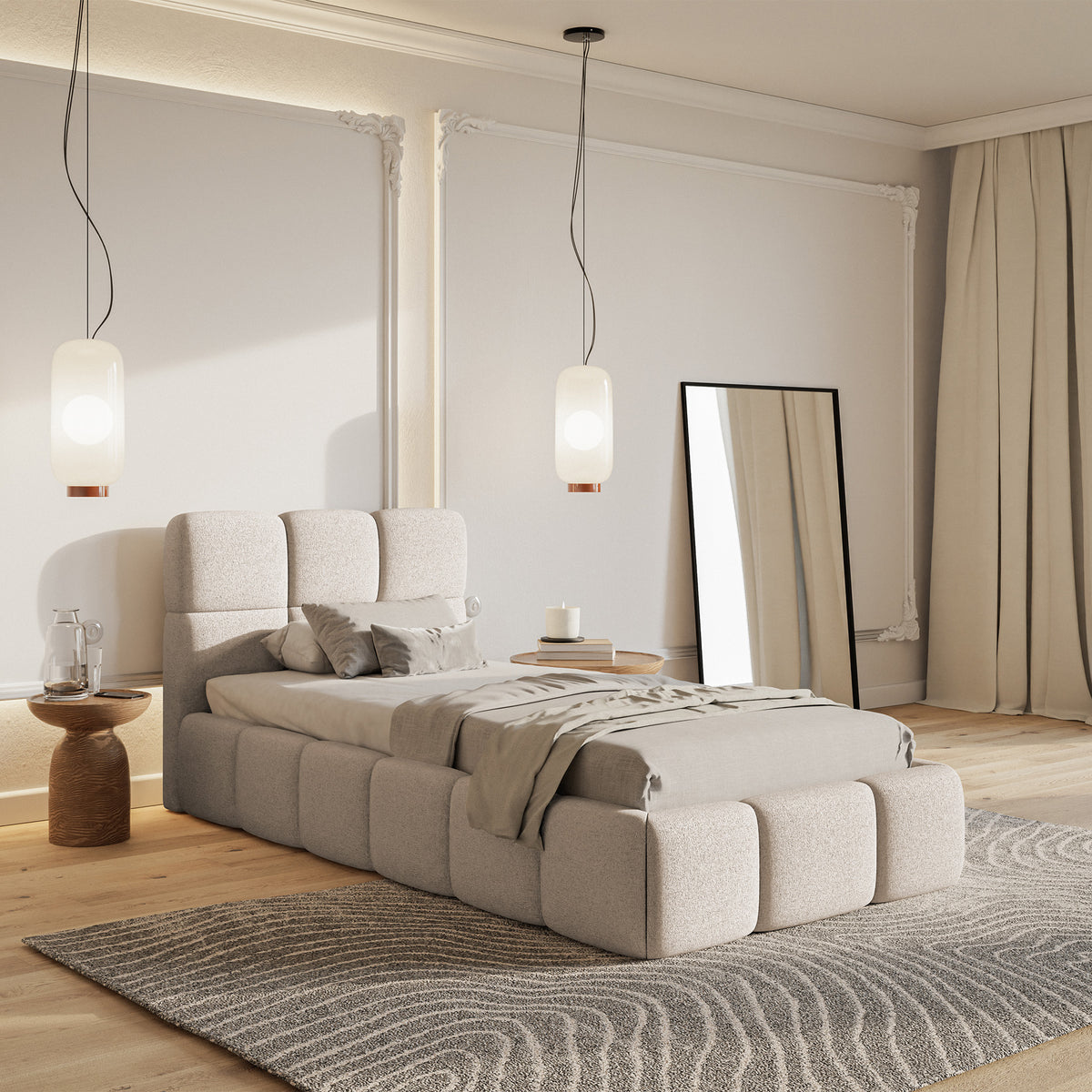 Gepolstertes Bett 90x200 cm Cloudy mit Stauraum, Metallrahmen, hellbeiger hydrophober Chenillestoff