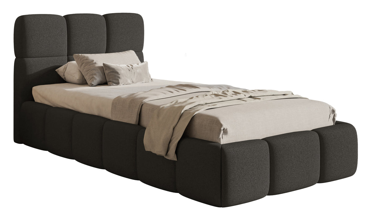 Gepolstertes Bett 90x200 cm Cloudy mit Stauraum, Metallrahmen, graphitfarben, hydrophobes Chenille