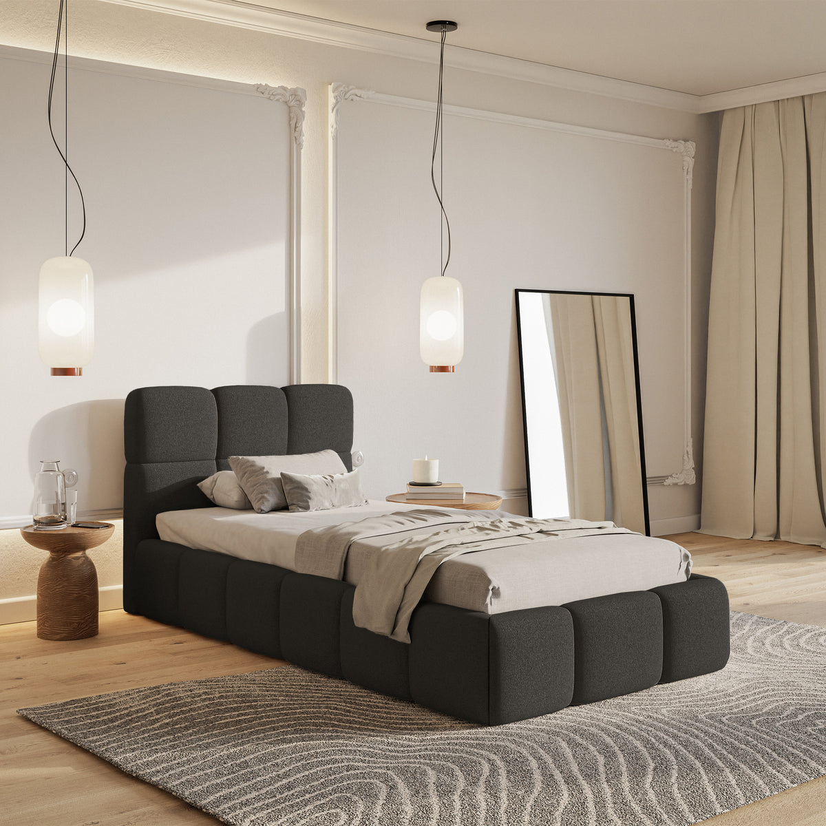 Gepolstertes Bett 90x200 cm Cloudy, grafitfarben, hydrophobes Chenille