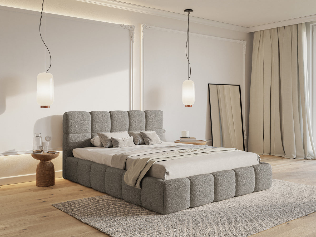 Gepolstertes Bett 200x200 cm Cloudy mit Stauraum, grauer Bouclé-Stoff