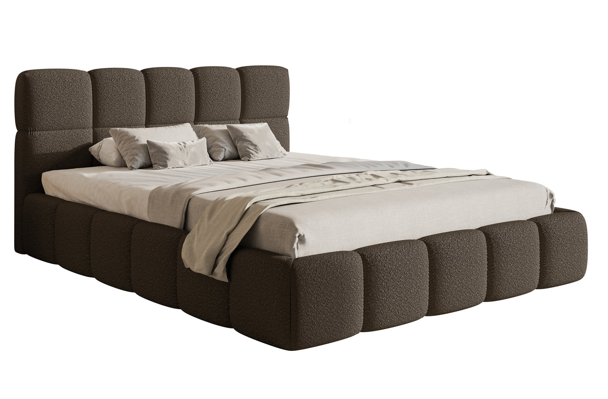 Lit tapissé 140x200 cm Cloudy avec rangement, bouclé marron