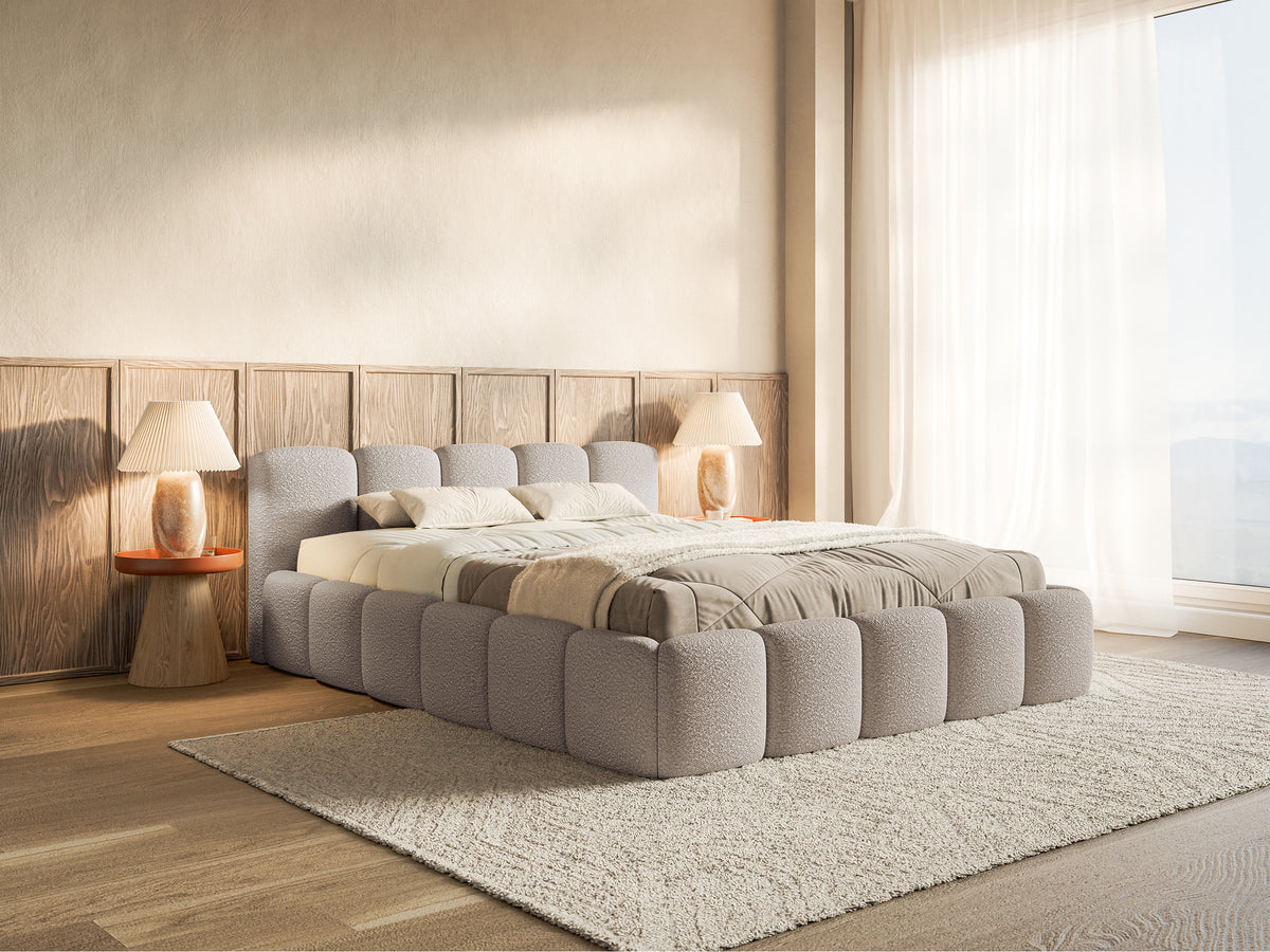 Lit tapissé 120x200 cm Cloudy Low avec rangement, cadre métallique, boucle gris clair