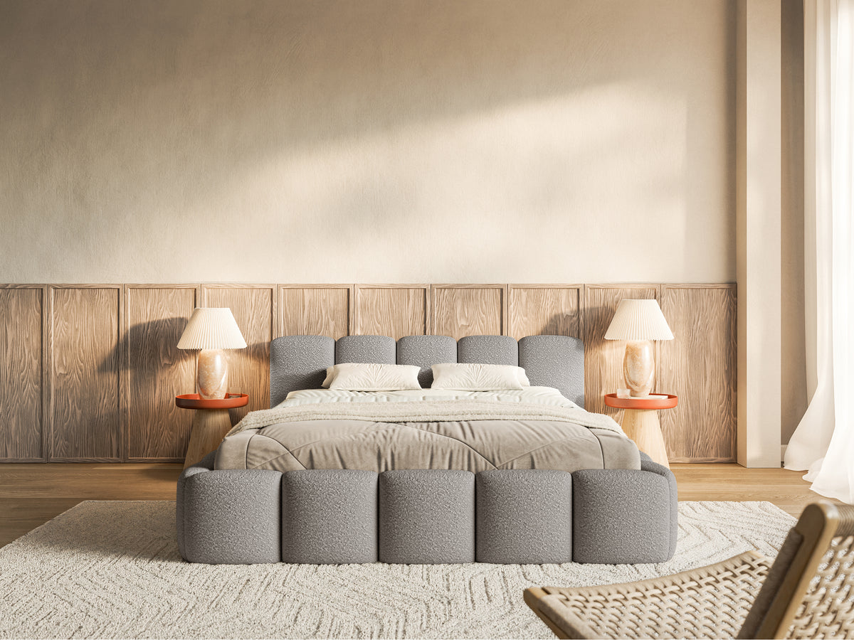 Gepolstertes Bett 120x200 cm Cloudy Low mit Stauraum, Metallrahmen, grauer Bouclé-Stoff