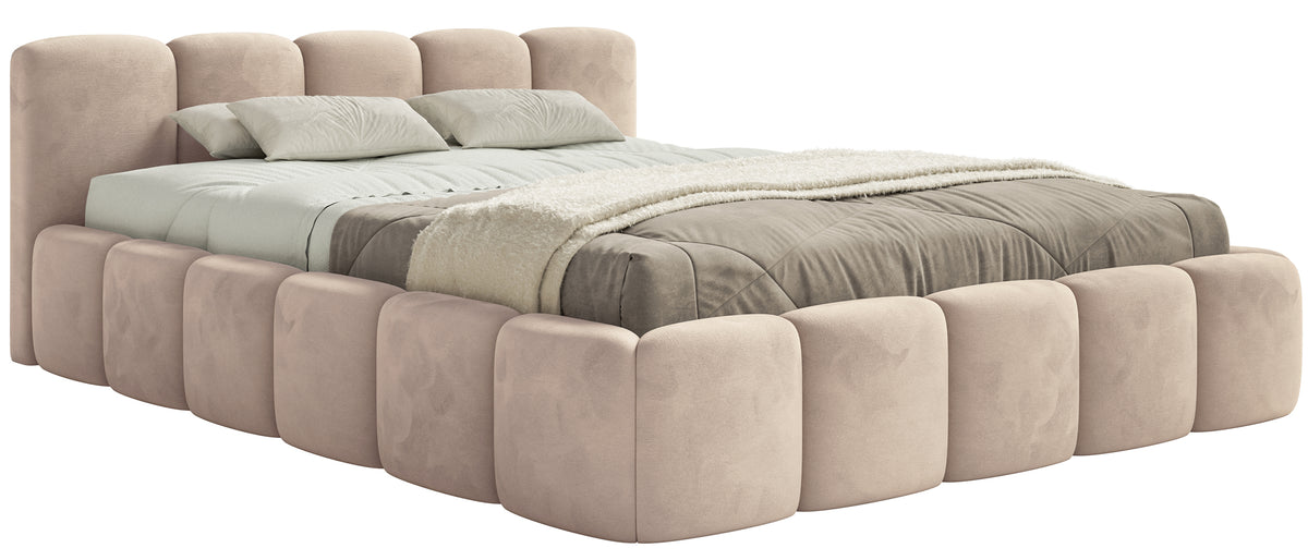 Polsterbett 120x200 cm Cloudy Low mit Stauraum, Metallrahmen, beige Velours, wasserabweisend und pflegeleicht