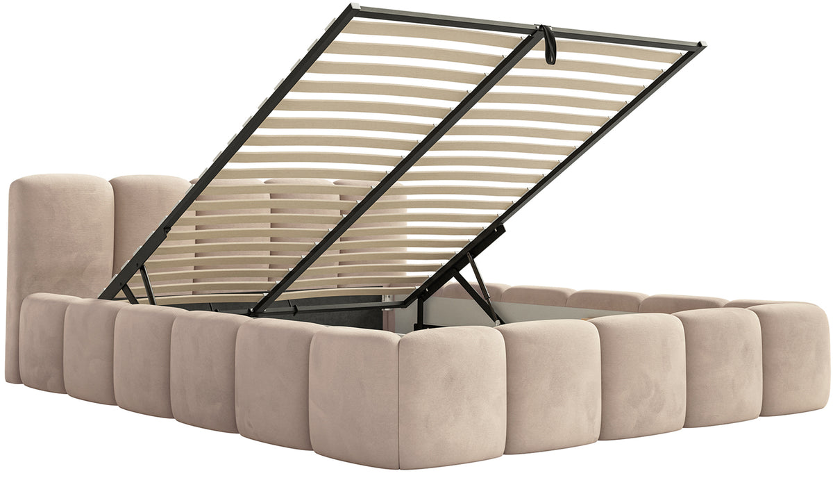Polsterbett 120x200 cm Cloudy Low mit Stauraum, Metallrahmen, beige Velours, wasserabweisend und pflegeleicht
