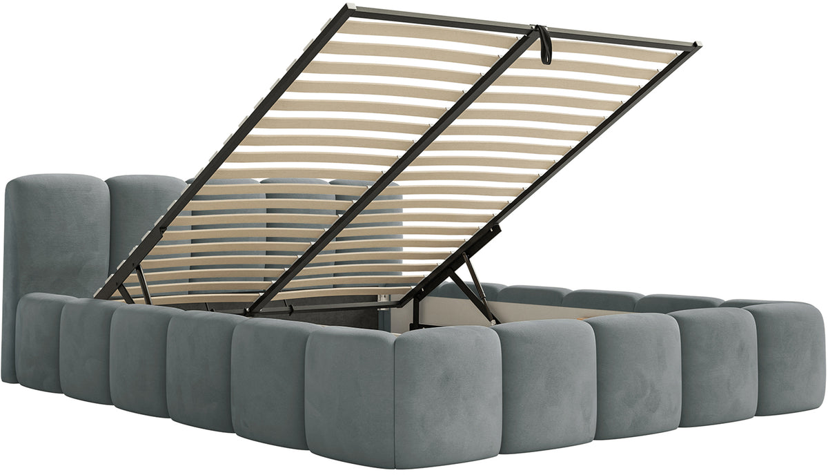 Gepolstertes Bett 120x200 cm Cloudy Low mit Stauraum, Metallrahmen, grauer Velours, wasserabweisend und pflegeleicht