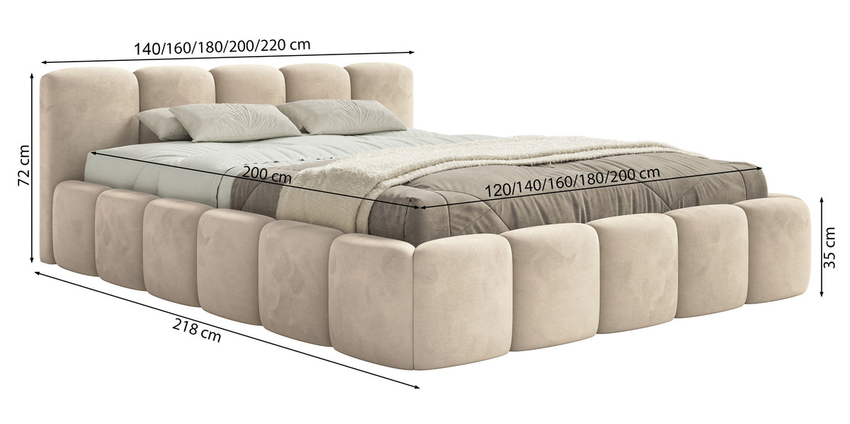 Polsterbett 120x200 cm Cloudy Low mit Stauraum, Metallrahmen, grau-beiges Velours, wasserabweisend und pflegeleicht