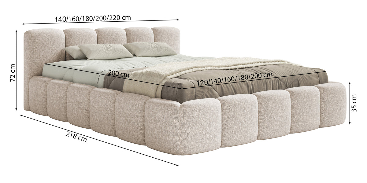 Polsterbett 120x200 cm Cloudy Low mit Stauraum, Metallrahmen, olivgrüner hydrophober Chenillestoff