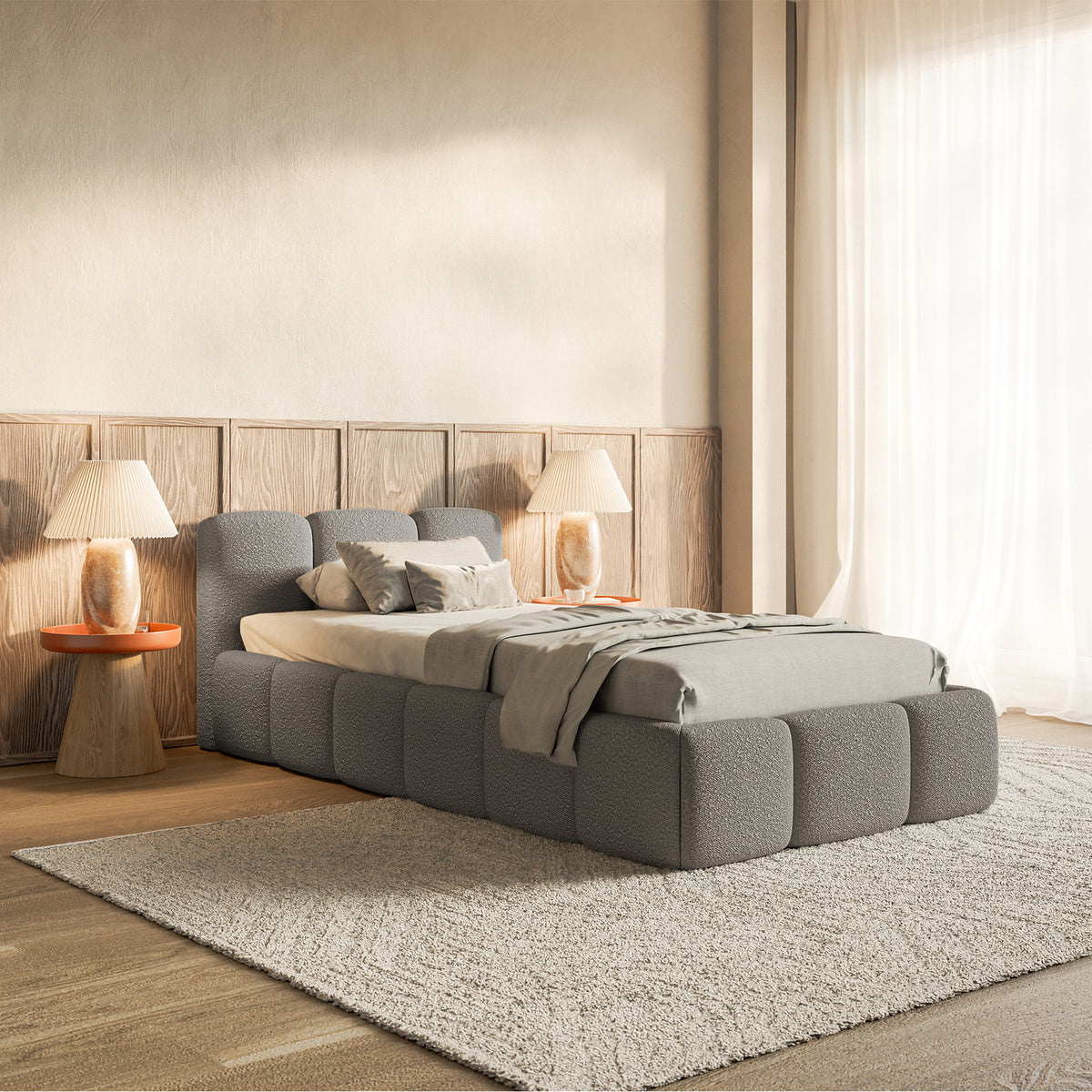 Polsterbett 90x200 cm Cloudy Low mit Stauraum, Metallrahmen, grauer Bouclé-Stoff