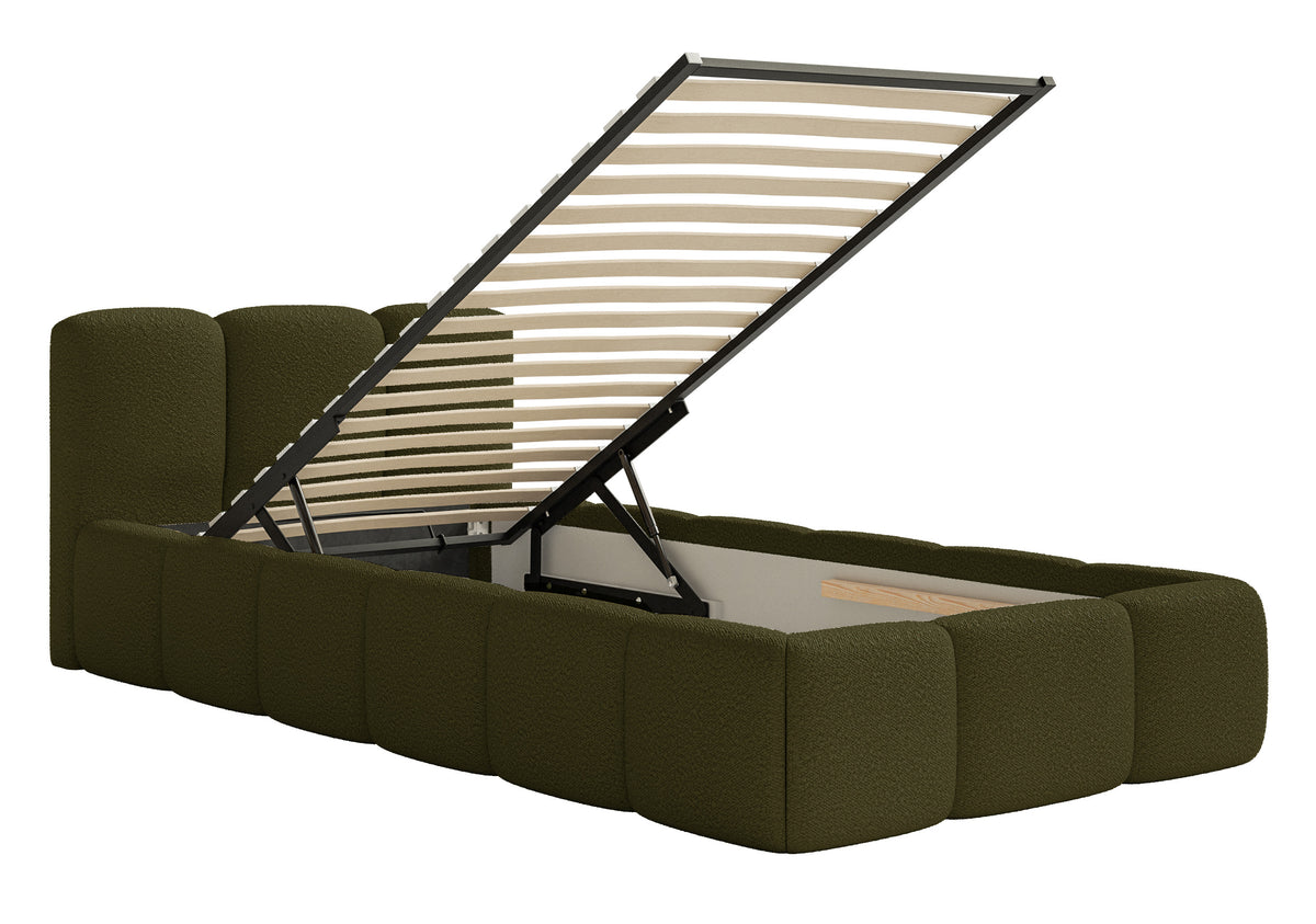 Lit tapissé 90x200 cm Cloudy Low avec coffre, cadre métallique, bouclé olive