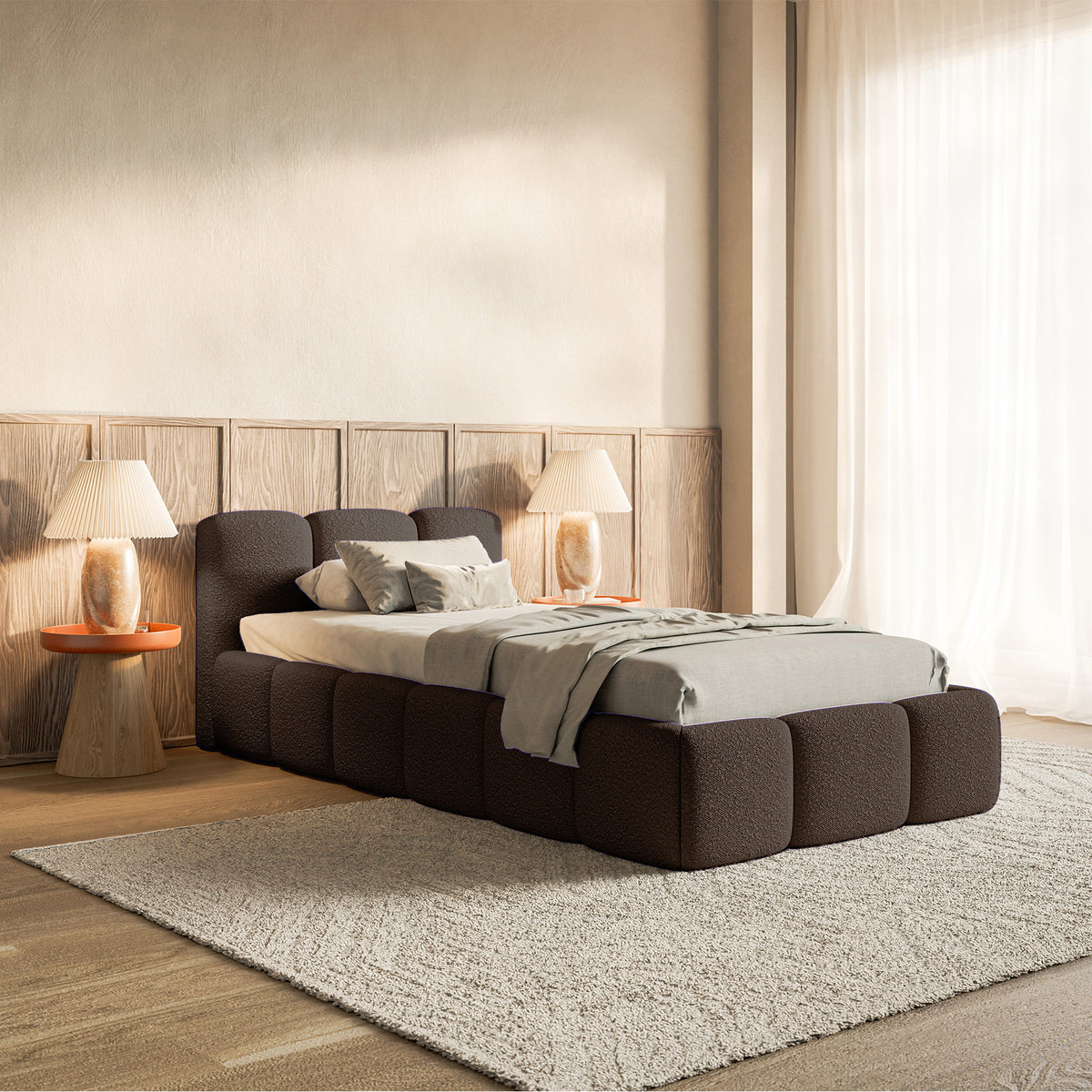 Polsterbett 90x200 cm Cloudy Low mit Stauraum, Metallrahmen, braunes Bouclé