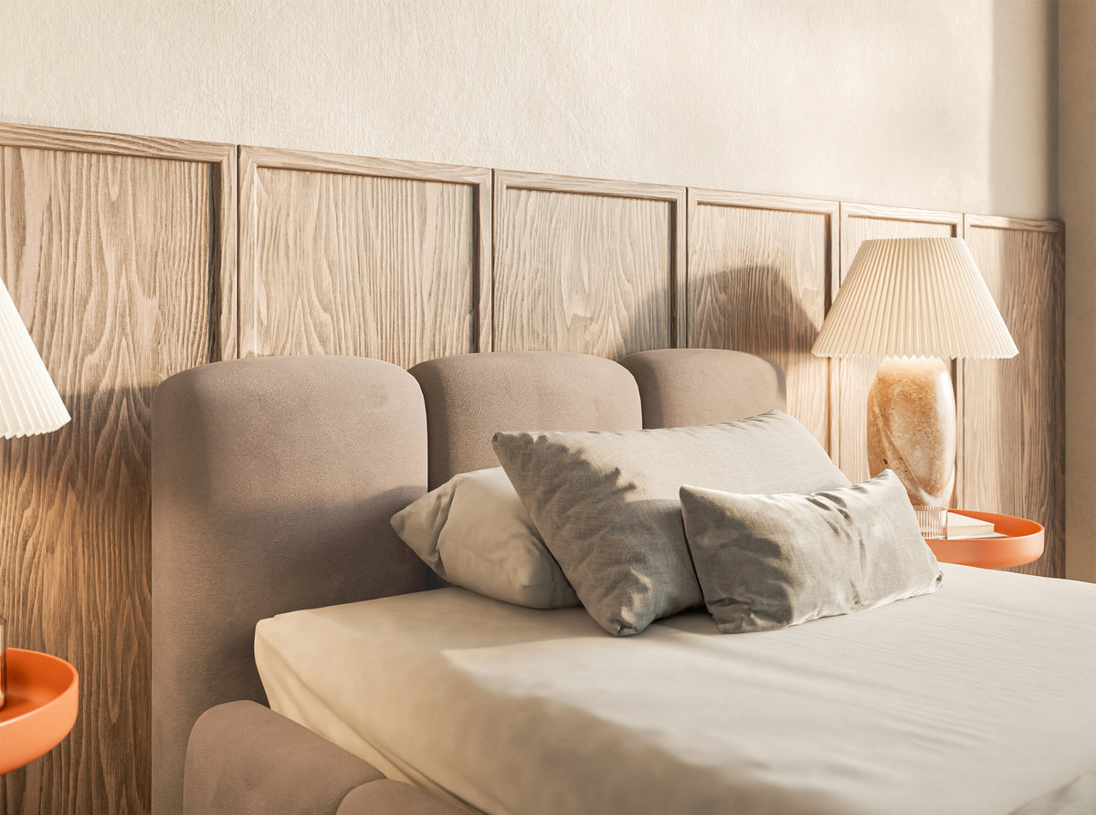Polsterbett 90x200 cm Cloudy Low mit Stauraum, Metallrahmen, beige Velours, wasserabweisend und pflegeleicht