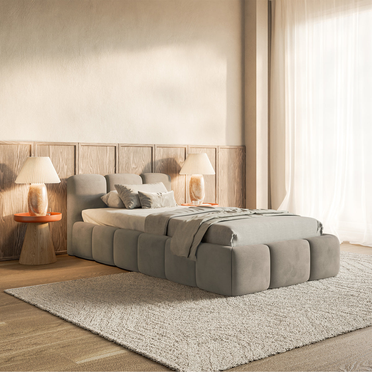 Polsterbett 90x200 cm Cloudy Low, grau-beige, Velours, wasserabweisend und leicht zu reinigen