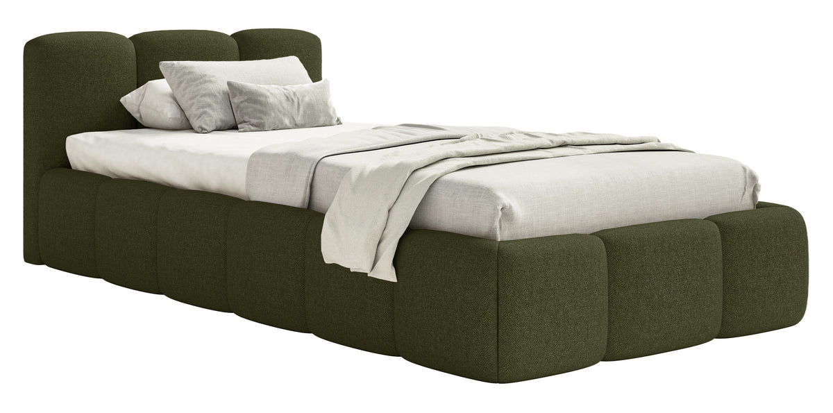 Lit tapissé 90x200 cm Cloudy Low en chenille hydrofuge olive