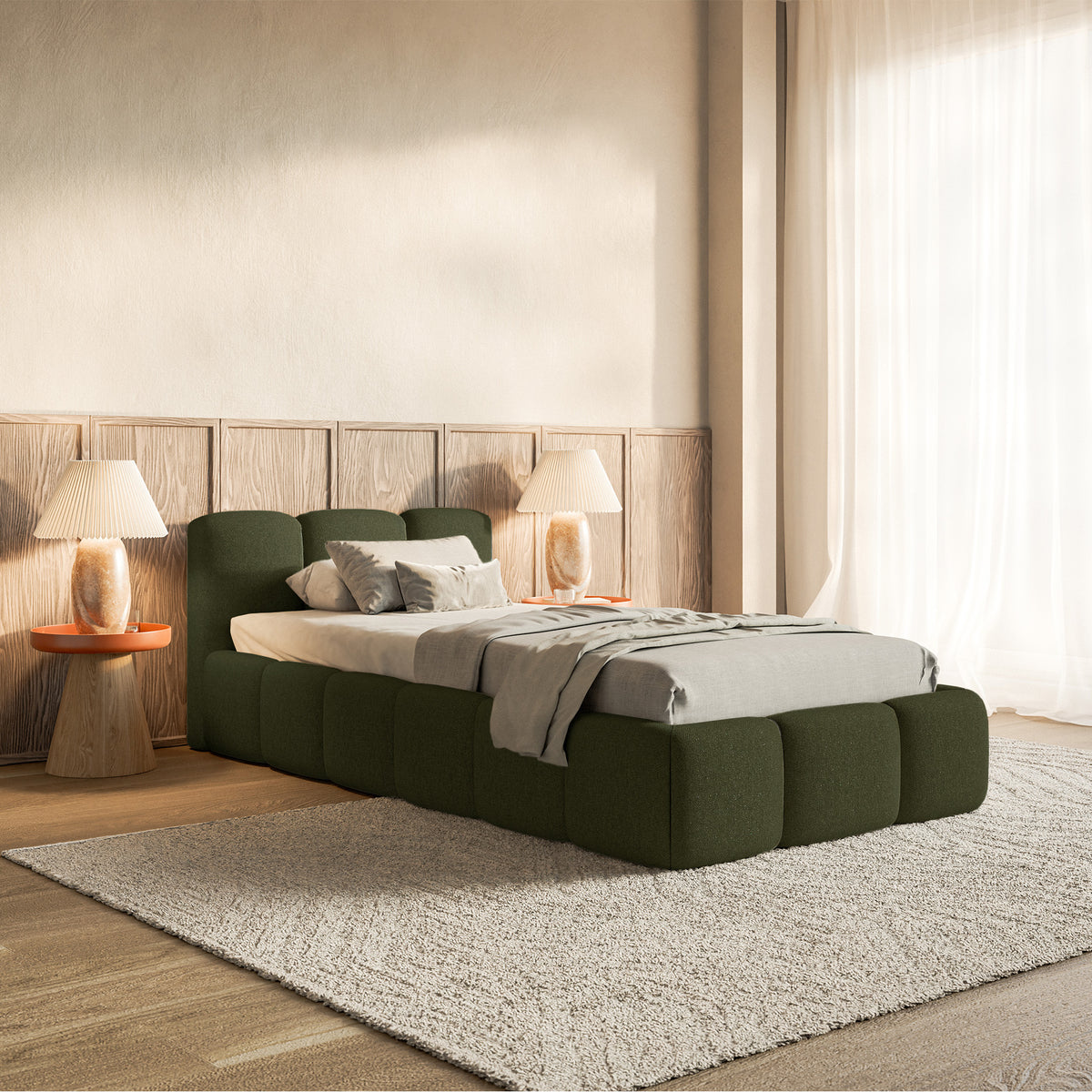 Lit tapissé 90x200 cm Cloudy Low en chenille hydrofuge olive