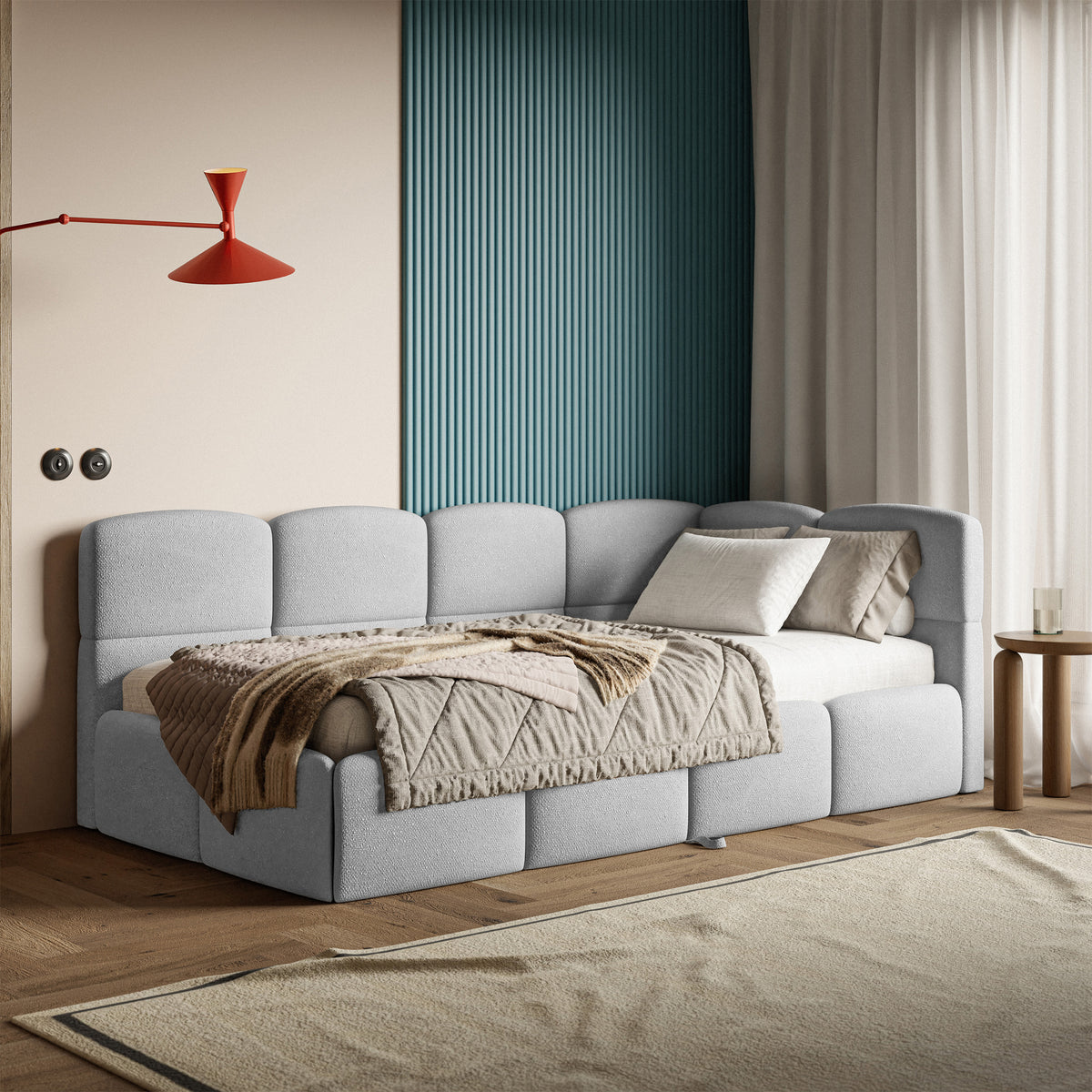 Lit d'adolescent 90x200 cm Cloudy avec tiroir coulissant droit et matelas en chenille gris clair