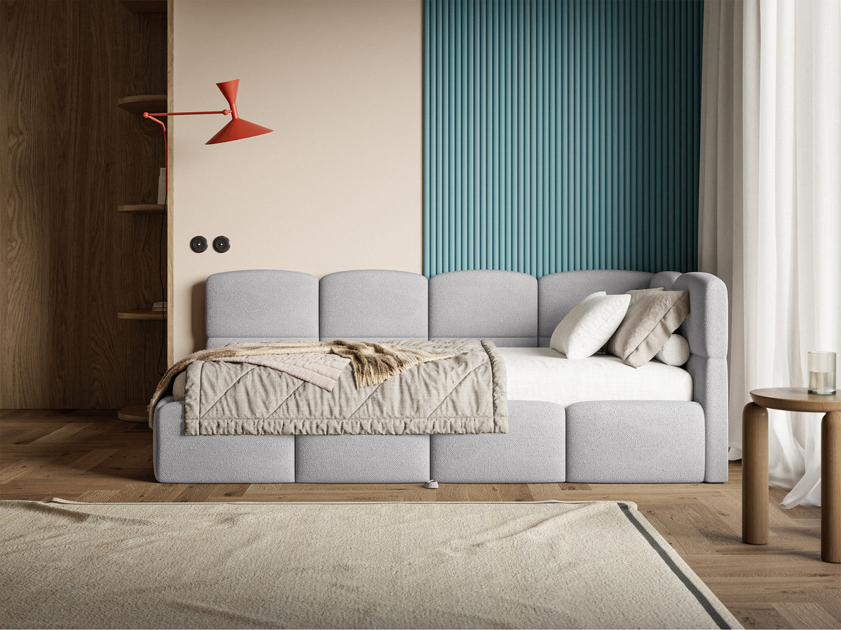 Lit d'adolescent 90x200 cm Cloudy avec tiroir coulissant droit et matelas en chenille gris clair