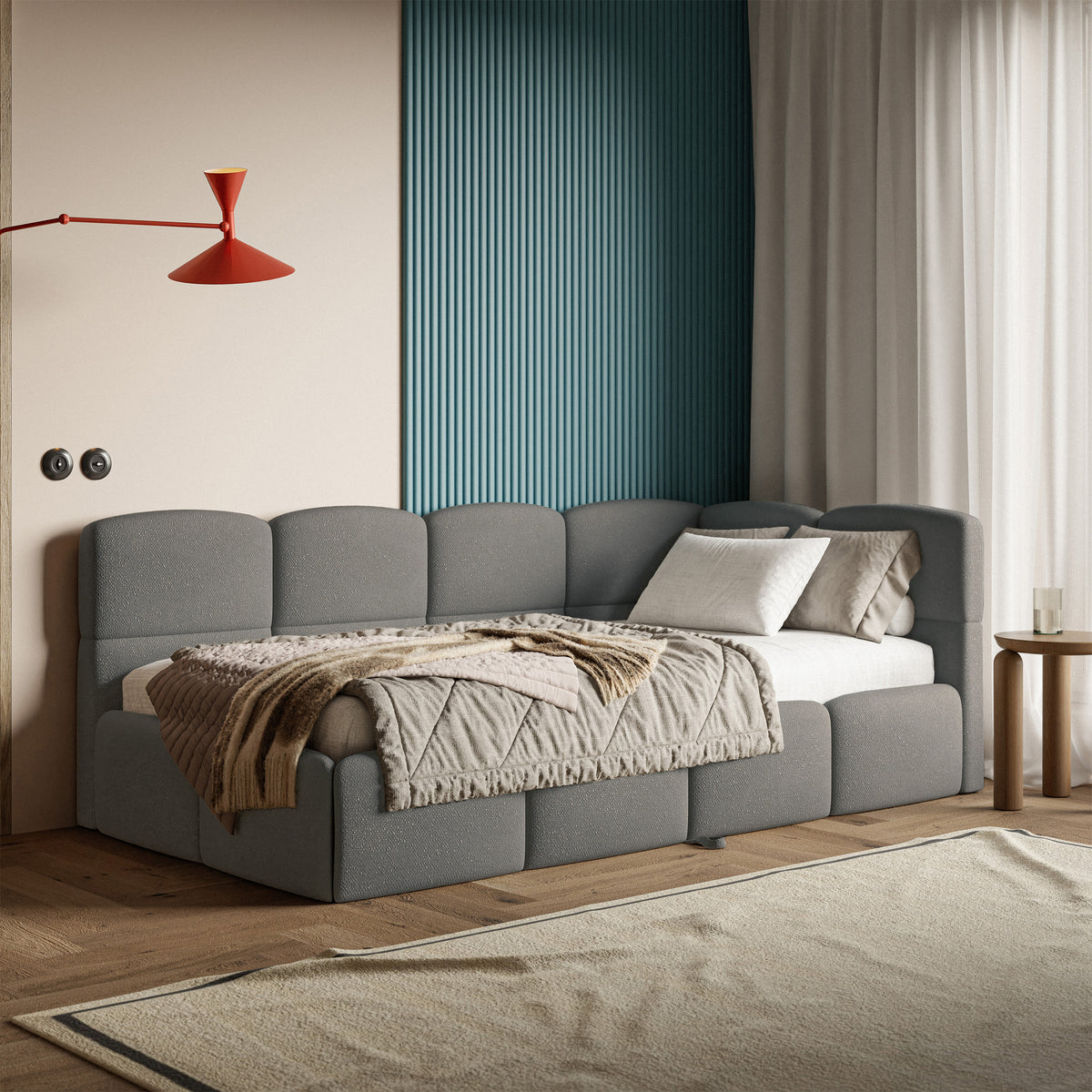 Lit pour adolescent 90x200 cm Cloudy avec rangement coulissant droit et matelas en chenille gris foncé