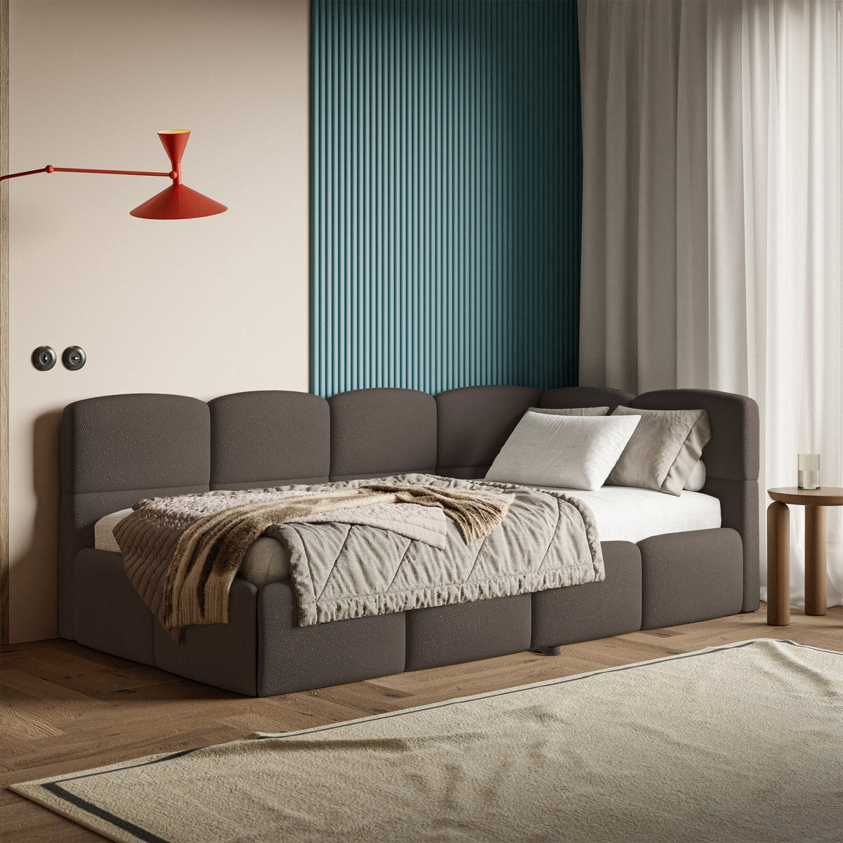 Lit junior 90x200 cm Cloudy tiroir coulissant droit avec matelas, tissu chenille marron