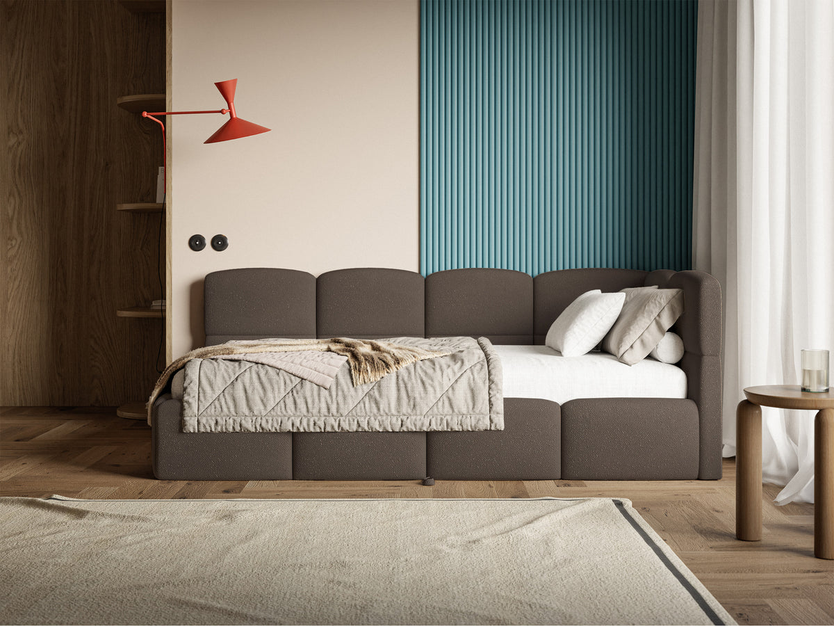 Lit junior 90x200 cm Cloudy tiroir coulissant droit avec matelas, tissu chenille marron