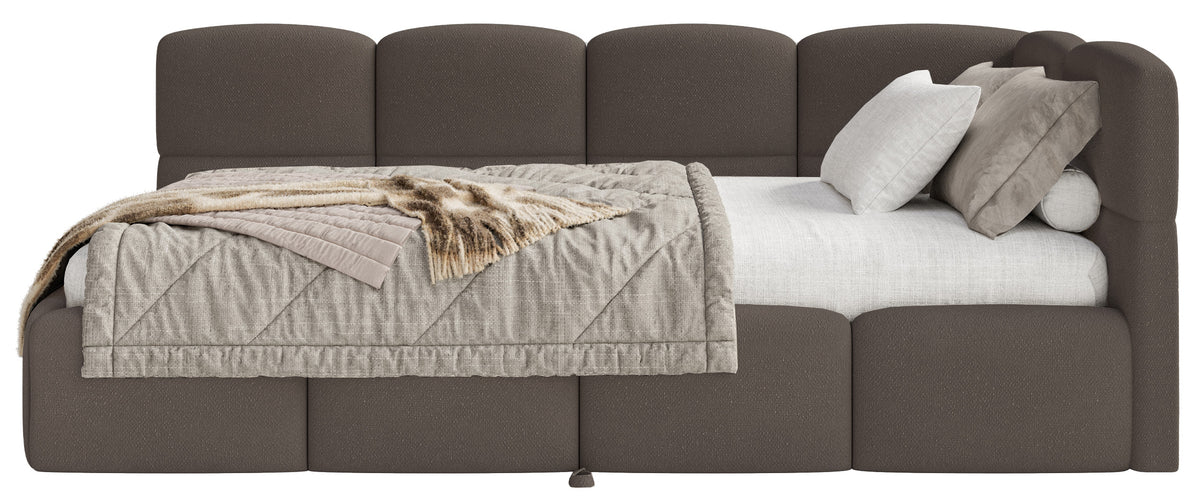 Lit junior 90x200 cm Cloudy tiroir coulissant droit avec matelas, tissu chenille marron