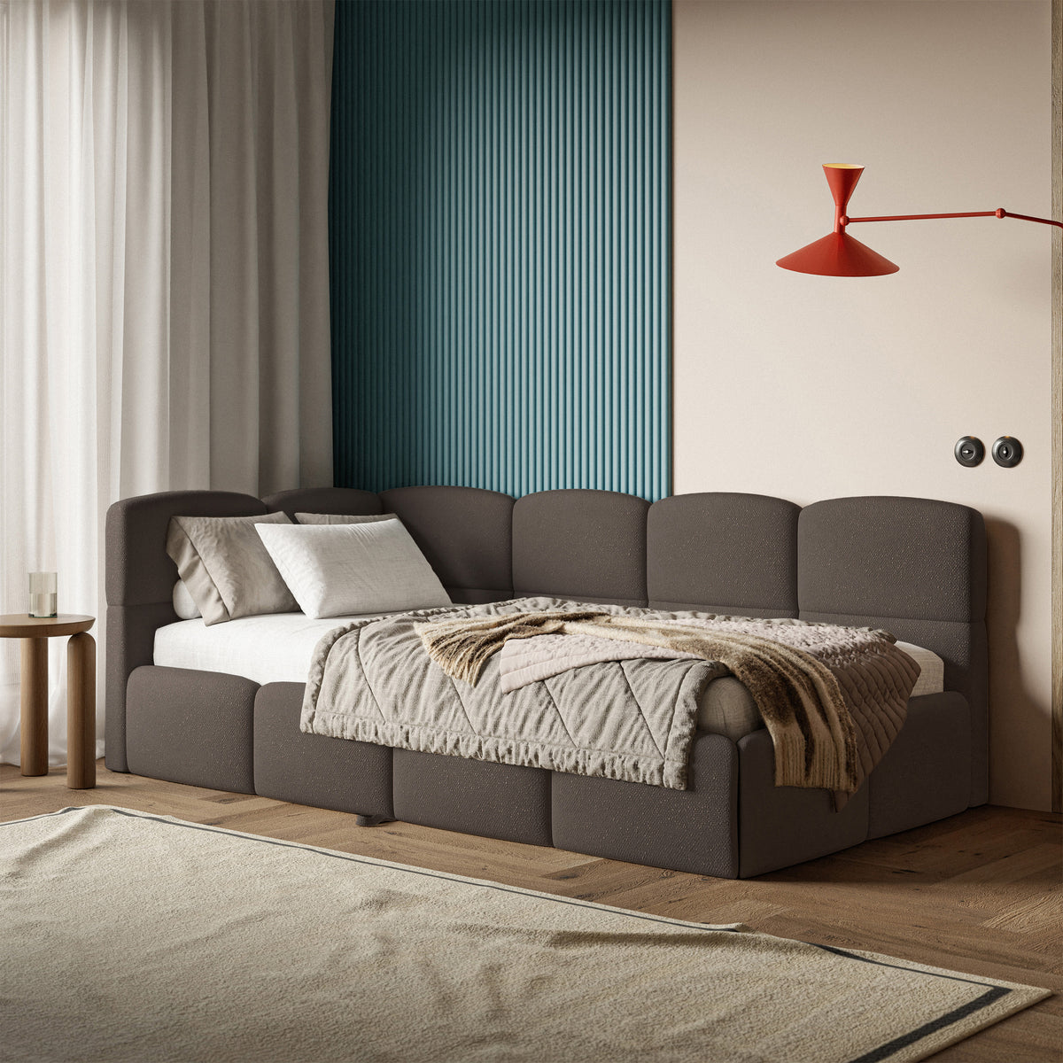 Lit junior 90x200 cm Cloudy tiroir gauche avec matelas, velours marron