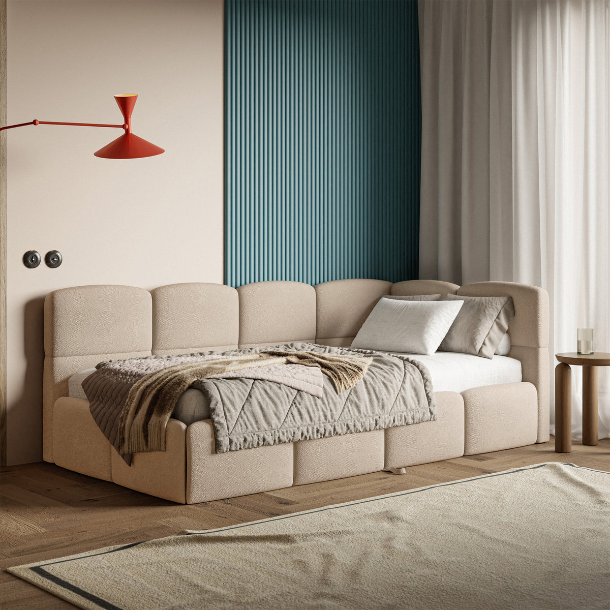 Lit pour jeune 90x200 cm Cloudy avec tiroir coulissant droit, matelas inclus, beige chenille