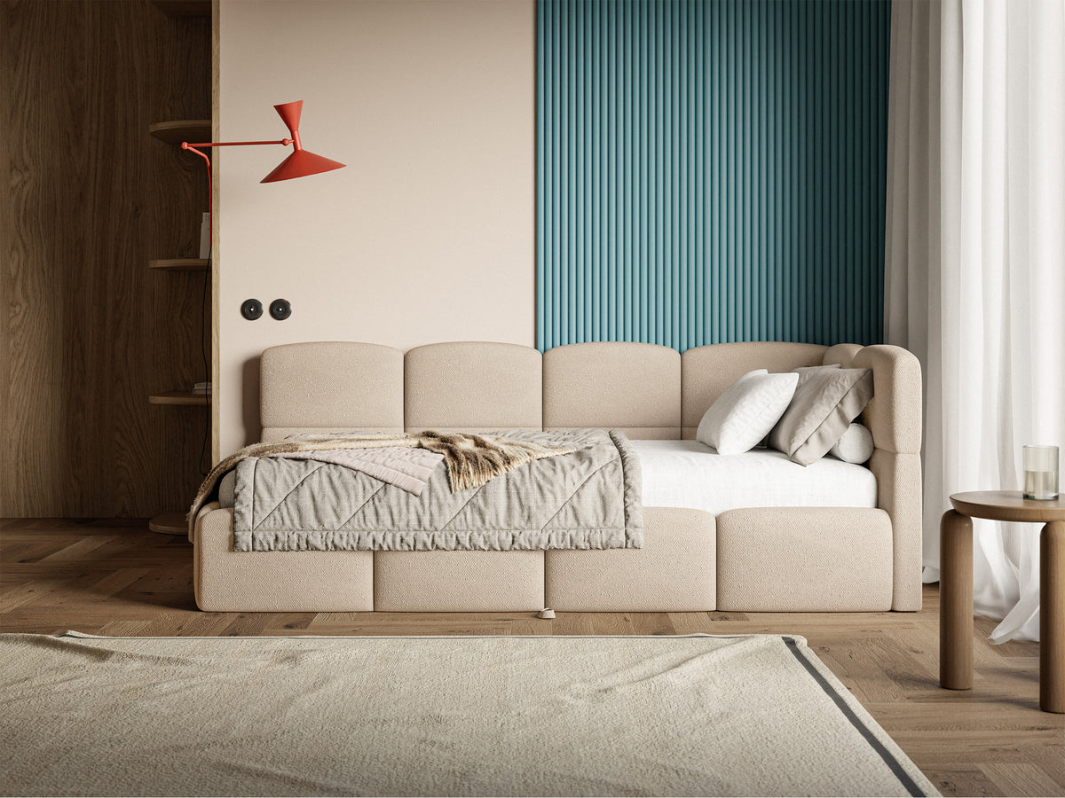 Lit pour jeune 90x200 cm Cloudy avec tiroir coulissant droit, matelas inclus, beige chenille