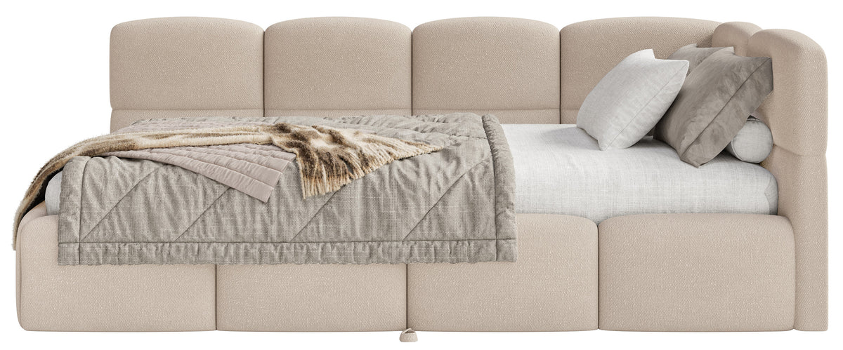 Lit pour jeune 90x200 cm Cloudy avec tiroir coulissant droit, matelas inclus, beige chenille