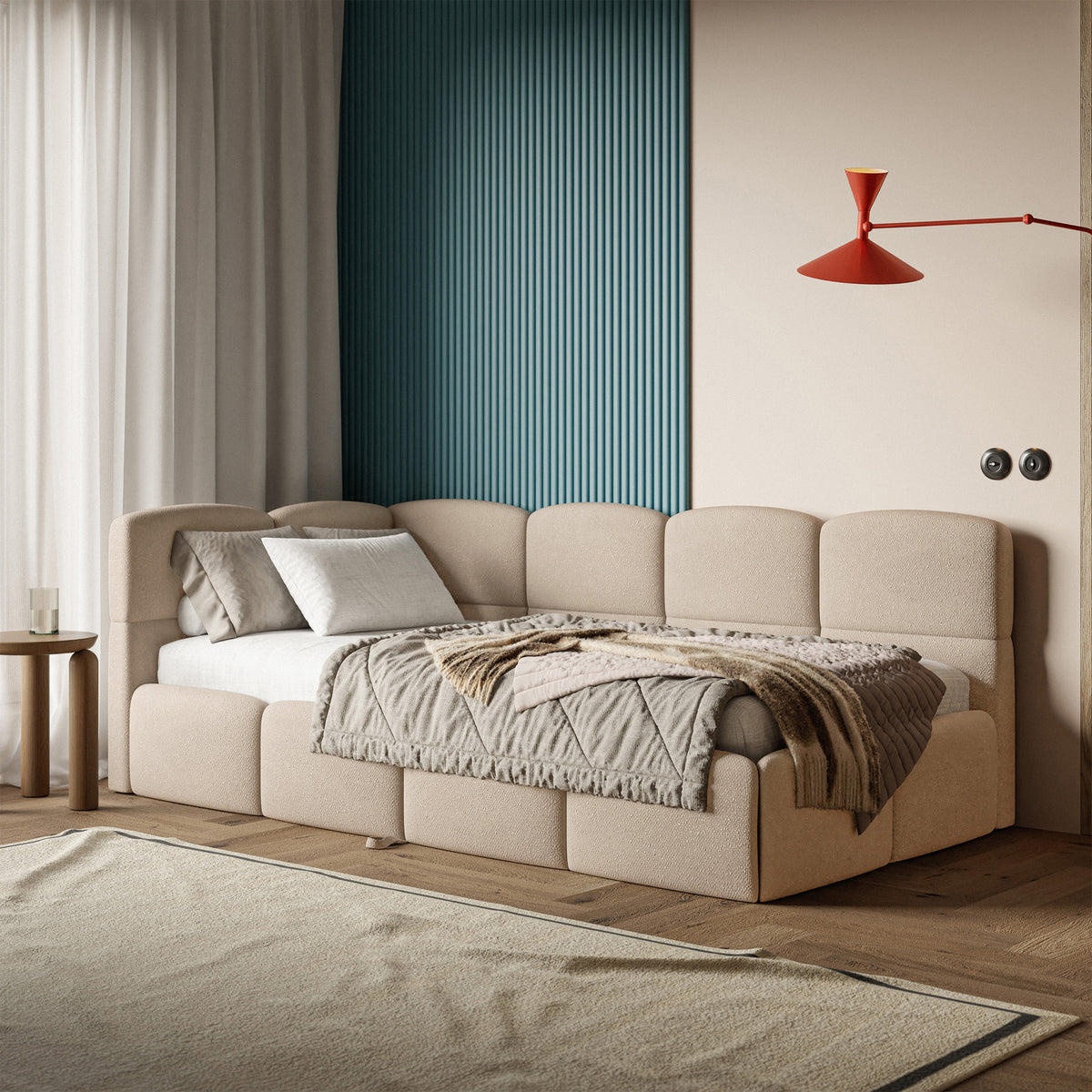 Lit jeunesse 90x200 cm Cloudy coulissant gauche avec matelas beige en chenille