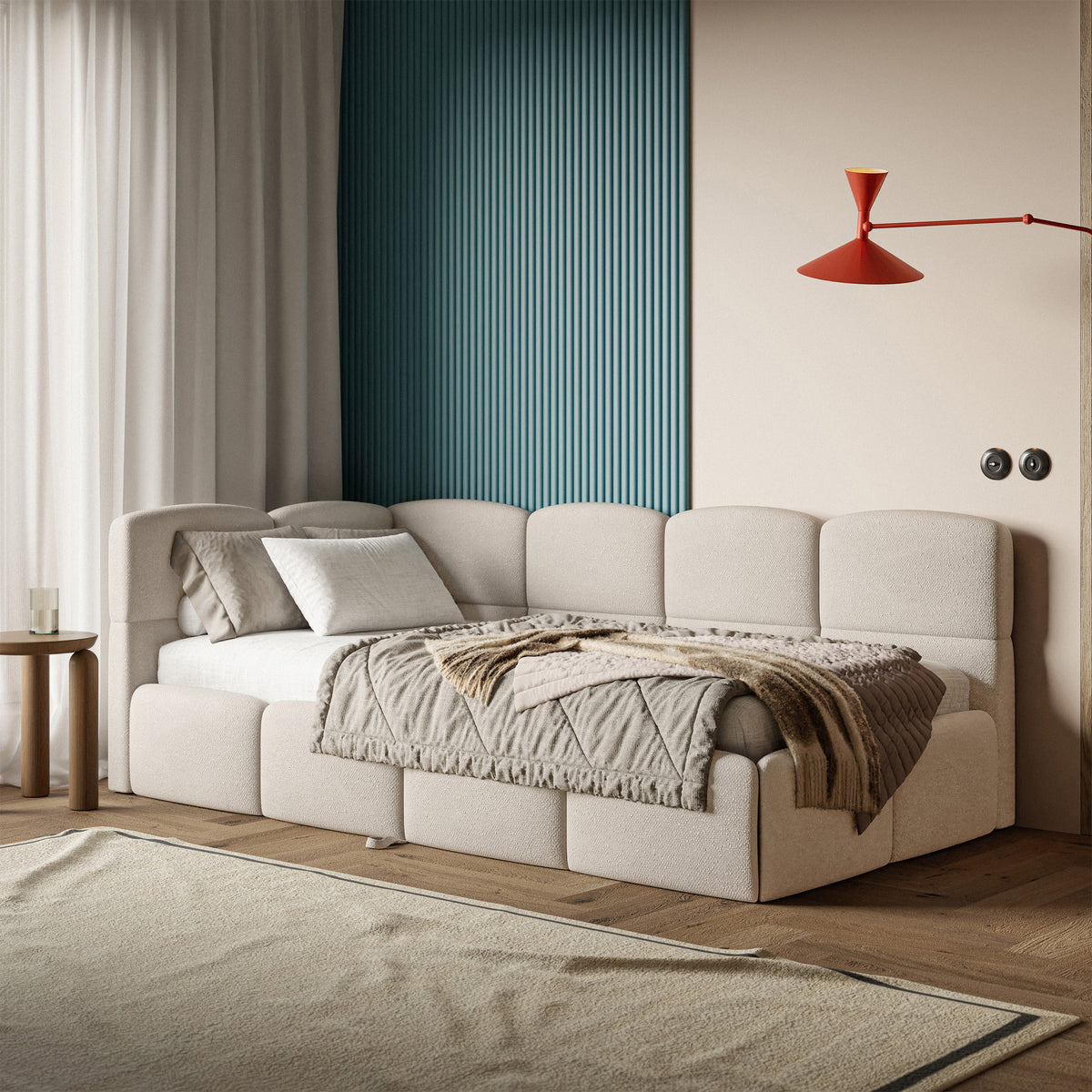 Lit pour adolescent 90x200 cm Cloudy tiroir gauche avec matelas, chenille crème