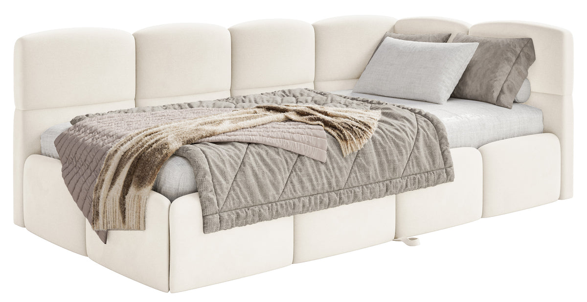 Lit d'adolescent 90x200 cm Cloudy avec tiroir latéral droit, matelas inclus, velours crème hydrofuge et facile à nettoyer
