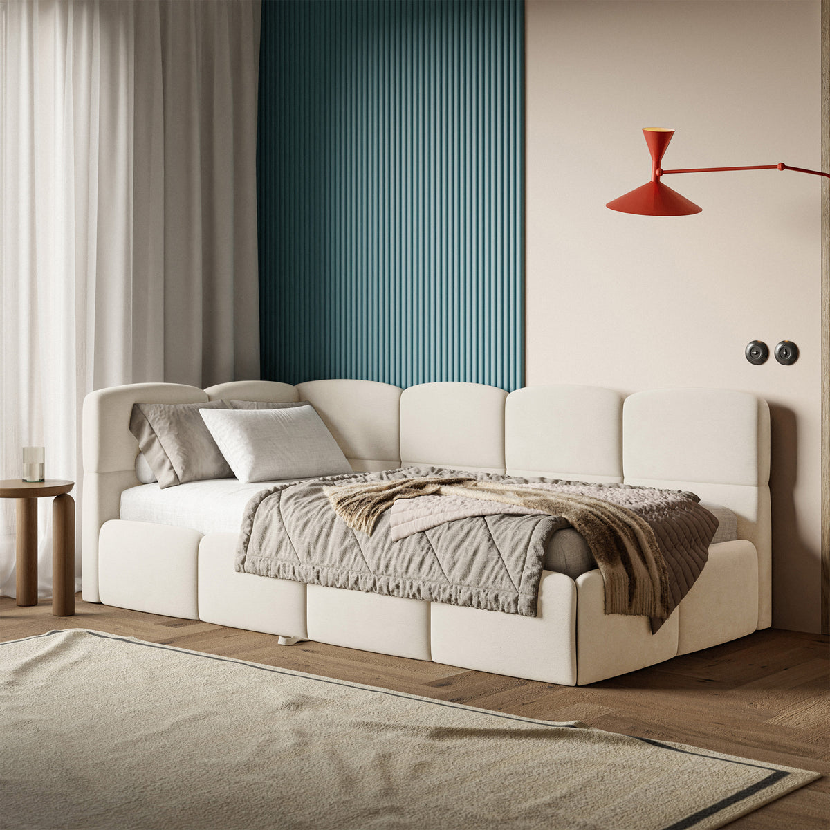 Lit d'adolescent 90x200 cm Cloudy escamotable gauche avec matelas velours crème hydrofuge et facile à nettoyer