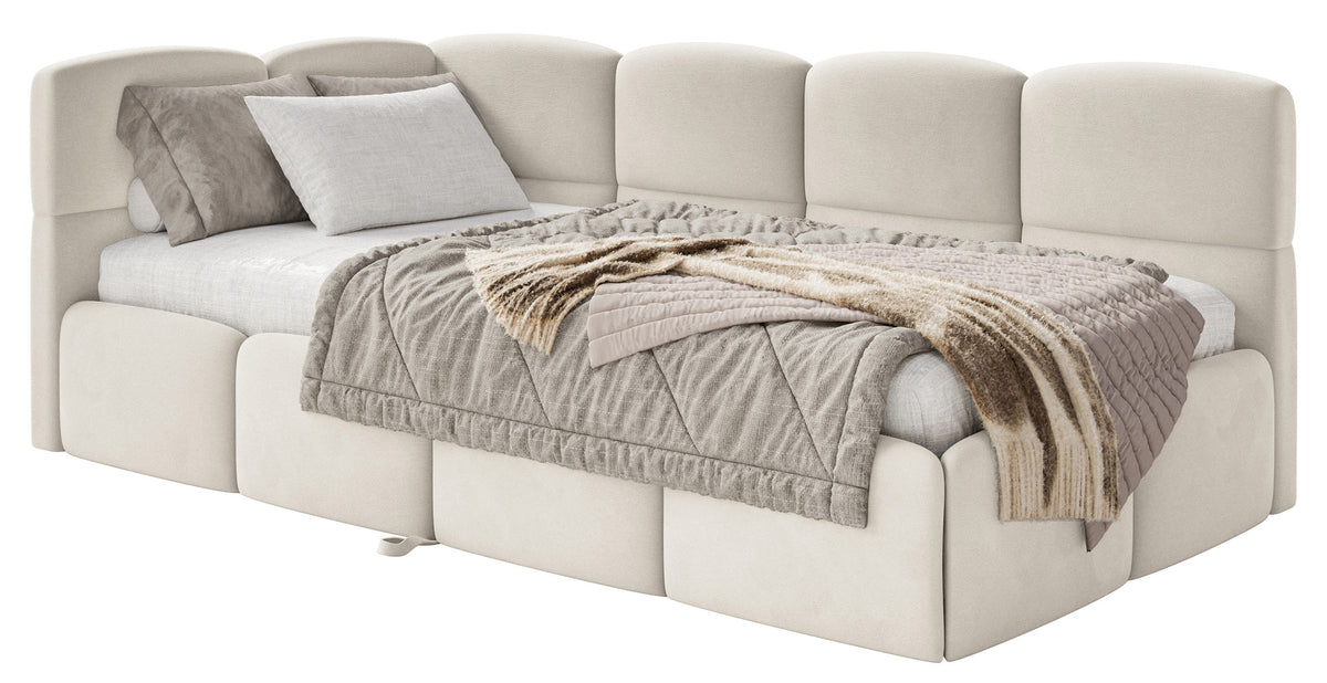 Lit jeune 90x200 cm Cloudy coulissant gauche avec matelas velours hydrofuge beige clair, facile à nettoyer