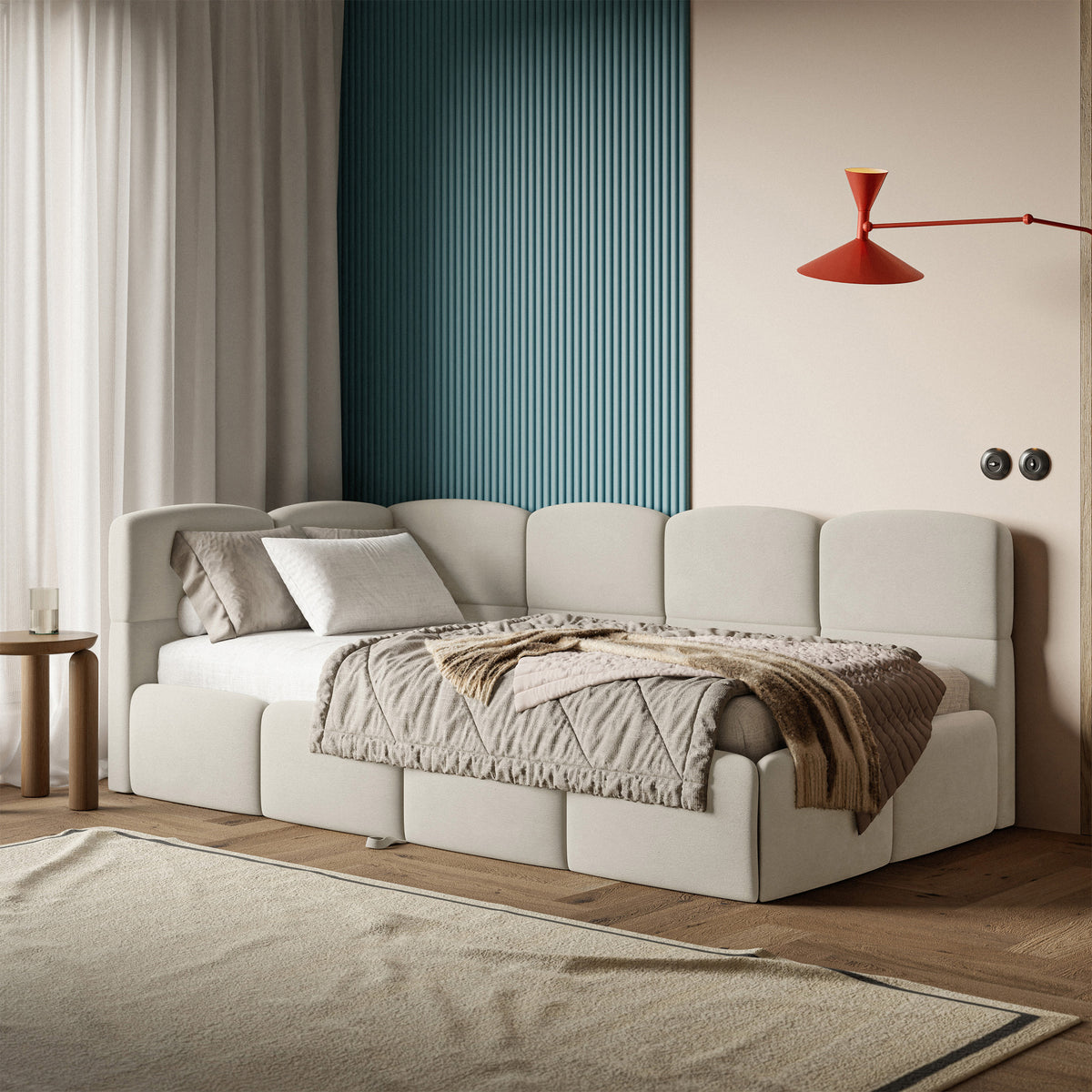 Lit jeune 90x200 cm Cloudy coulissant gauche avec matelas velours hydrofuge beige clair, facile à nettoyer
