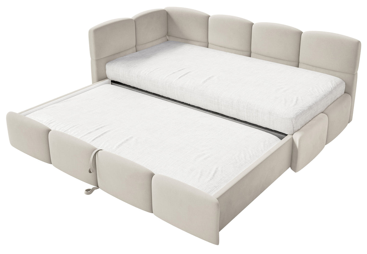 Lit jeune 90x200 cm Cloudy coulissant gauche avec matelas velours hydrofuge beige clair, facile à nettoyer