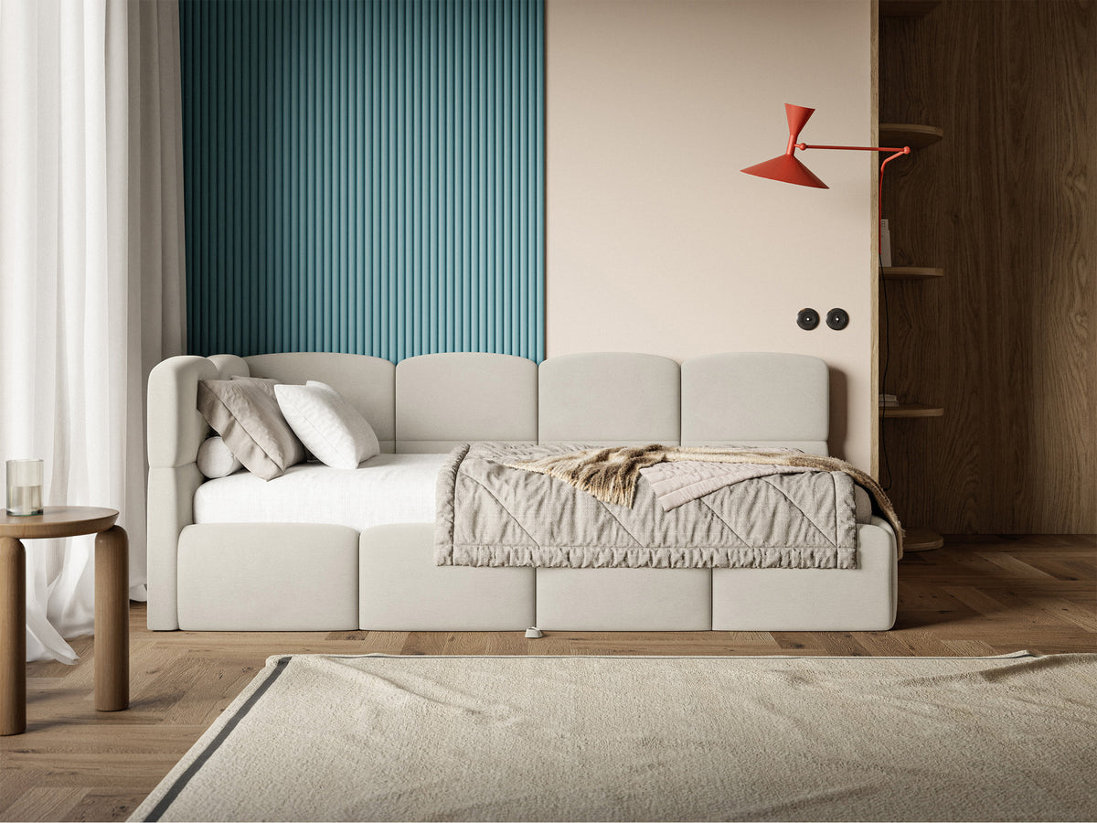 Lit jeune 90x200 cm Cloudy coulissant gauche avec matelas velours hydrofuge beige clair, facile à nettoyer