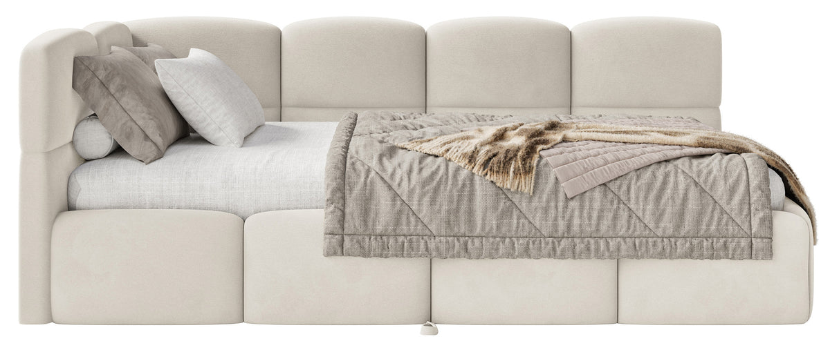 Lit jeune 90x200 cm Cloudy coulissant gauche avec matelas velours hydrofuge beige clair, facile à nettoyer