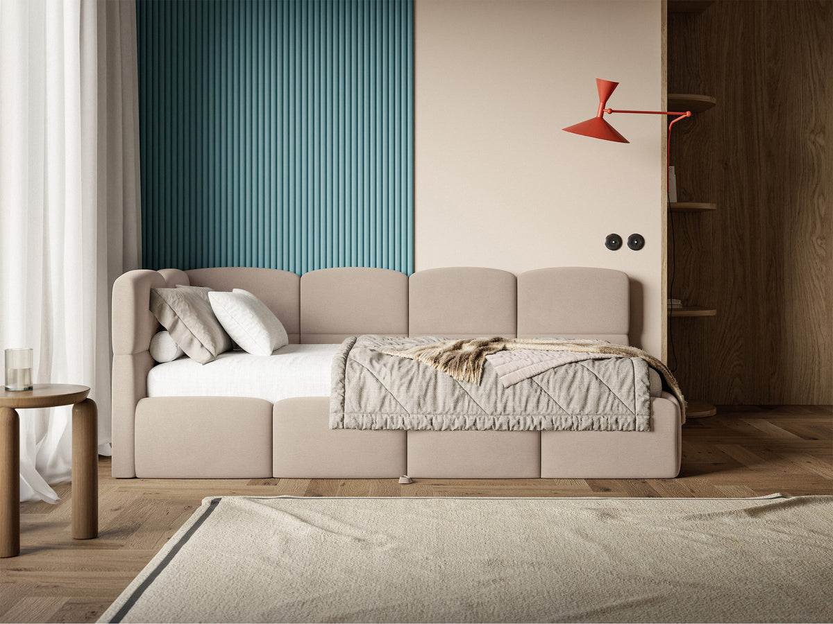 Lit pour adolescent 90x200 cm Cloudy tiroir gauche avec matelas velours beige hydrofuge et facile à nettoyer